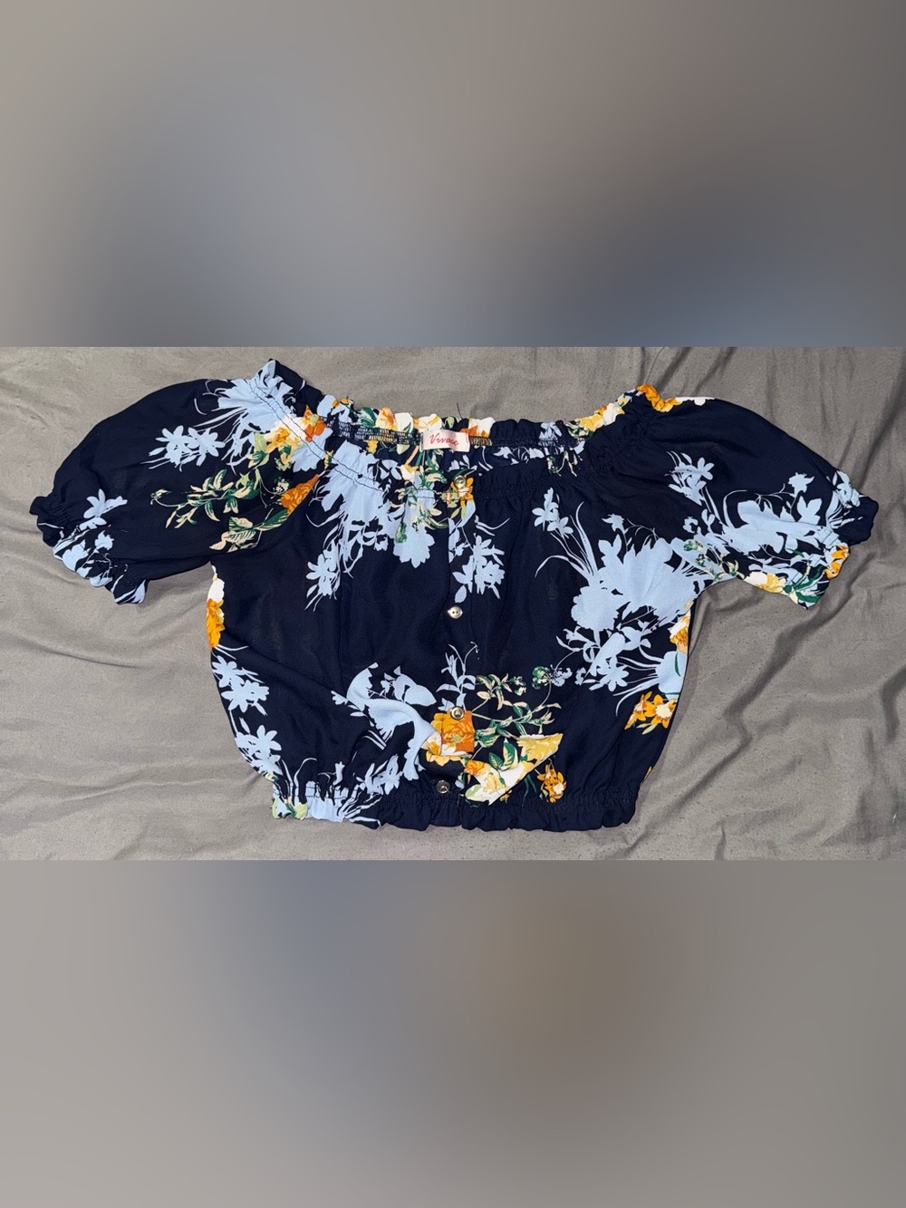 Vivace Navy Floral Puff Sleeve Crop Top